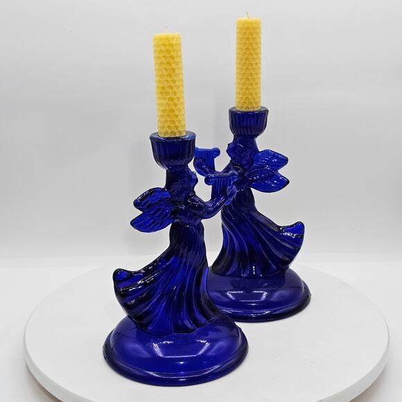 Vintage Cobalt Blue Glass Angel Candlestick Holders Musical Angel Harp Figurines - Picture 2 of 9